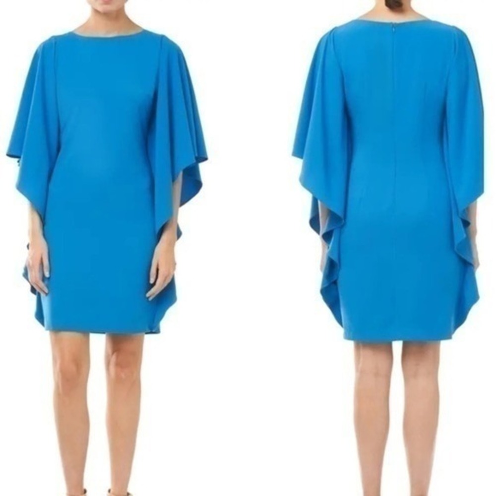 Halston Heritage Draped Ruffle Sleeve Gemstone Blue Cocktail Mini Dress Sz 6 NWT